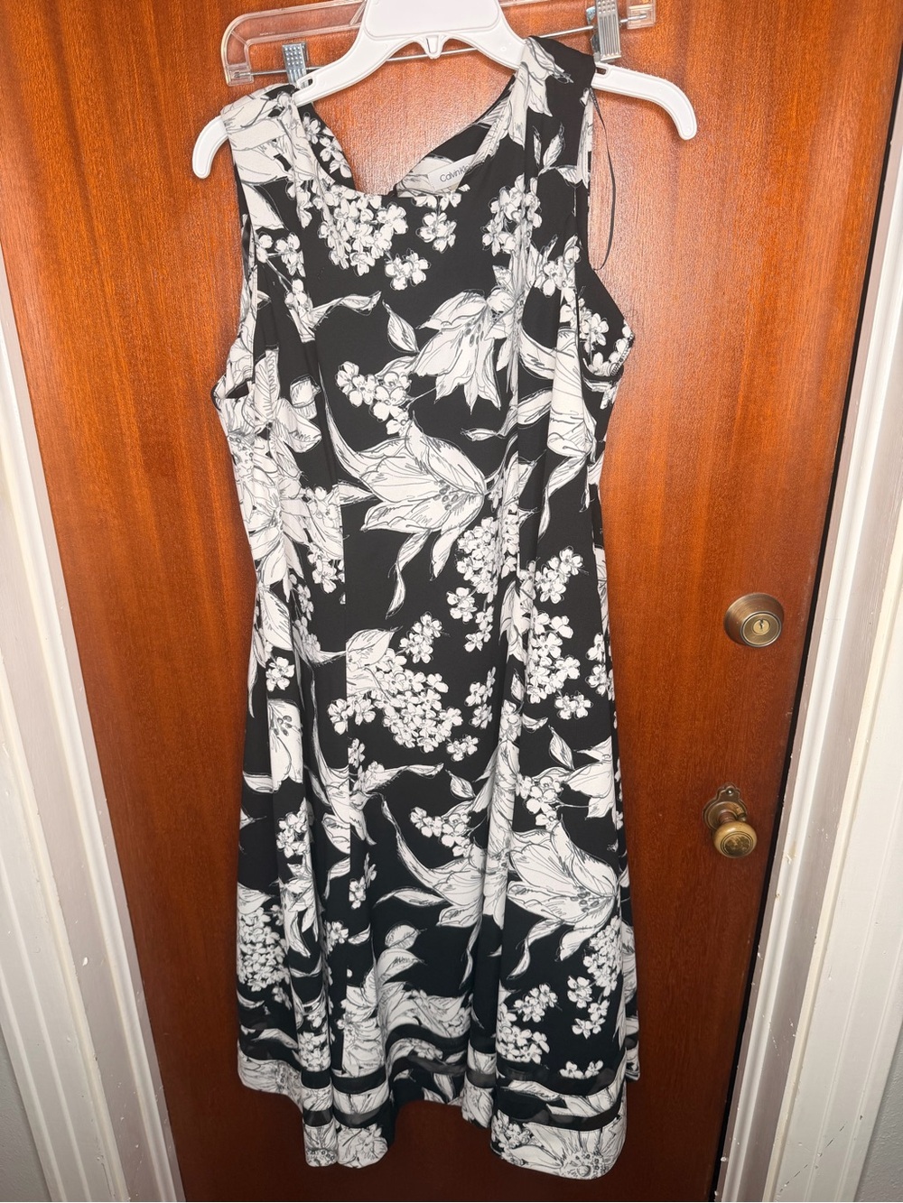Calvin Klein Black and White Floral Sleeveless Fit-and-Flare Dress